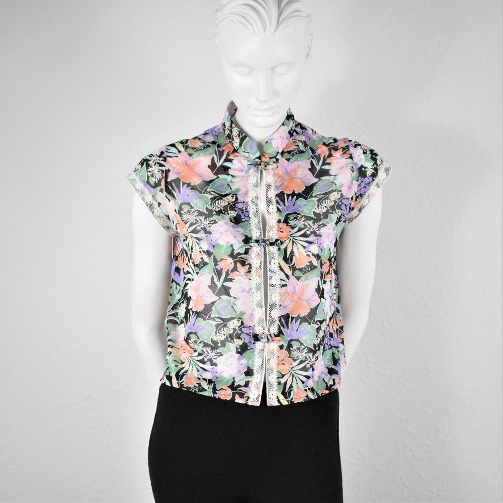 Vintage Mandarin Style Sheer Floral Crop Top